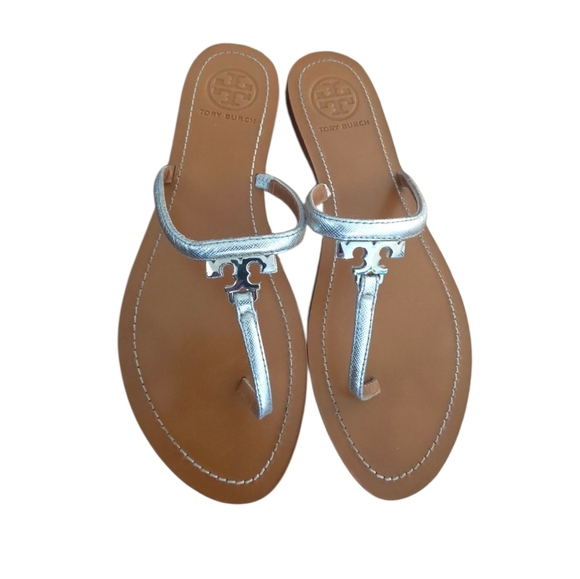 Tory Burch Silver Metallic Leather Strap T Logo Thong 7.5 - Picture 8 of 16